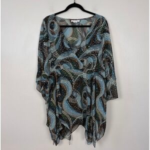 Dressbarn Sheer Teal Brown Abstract Blouse Sheer Asymmetric Witchy Fairy‎ 18/20